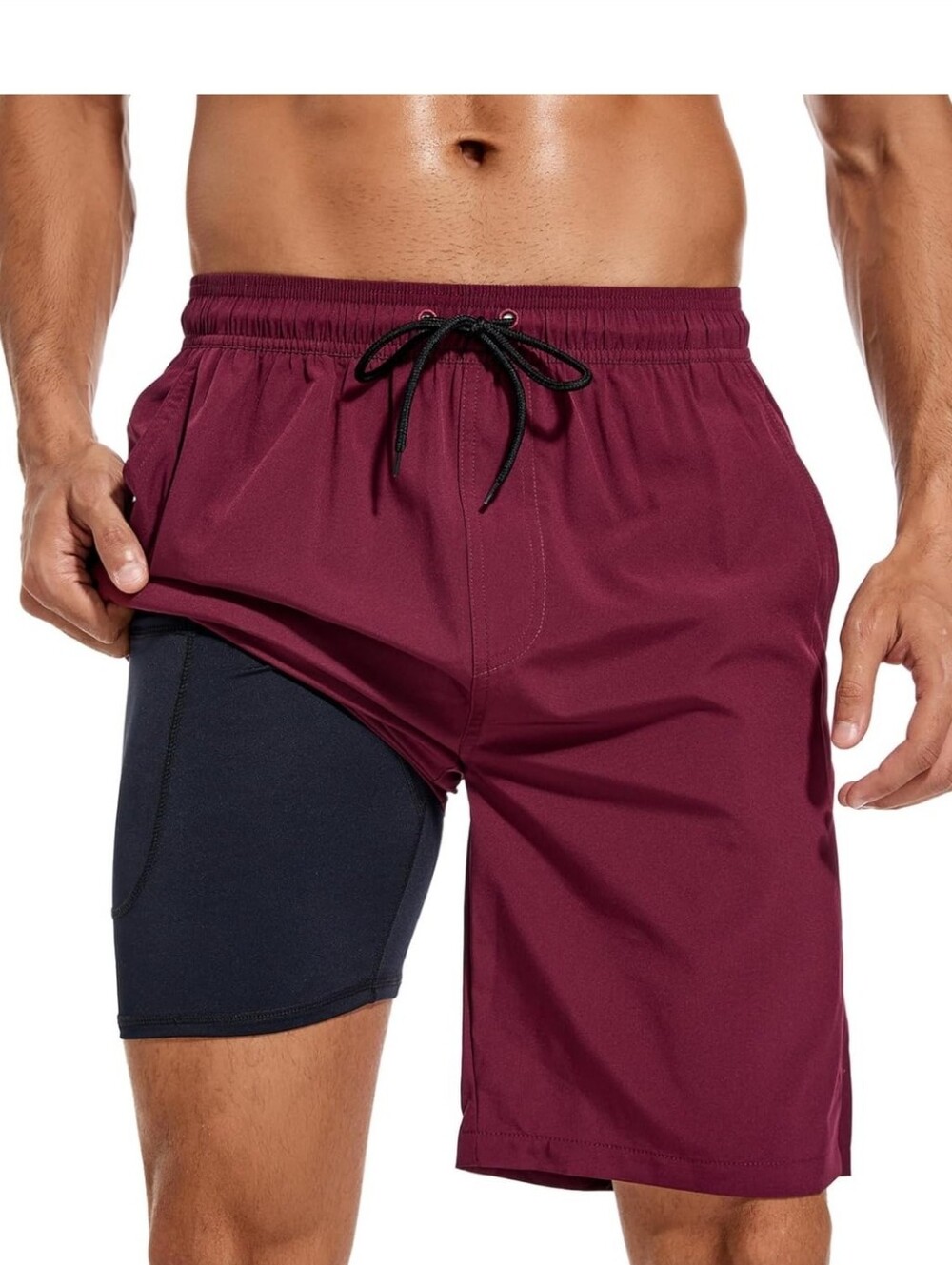 Difficort Men's Swim Trunks with Compression Liner - Burgandy XL
